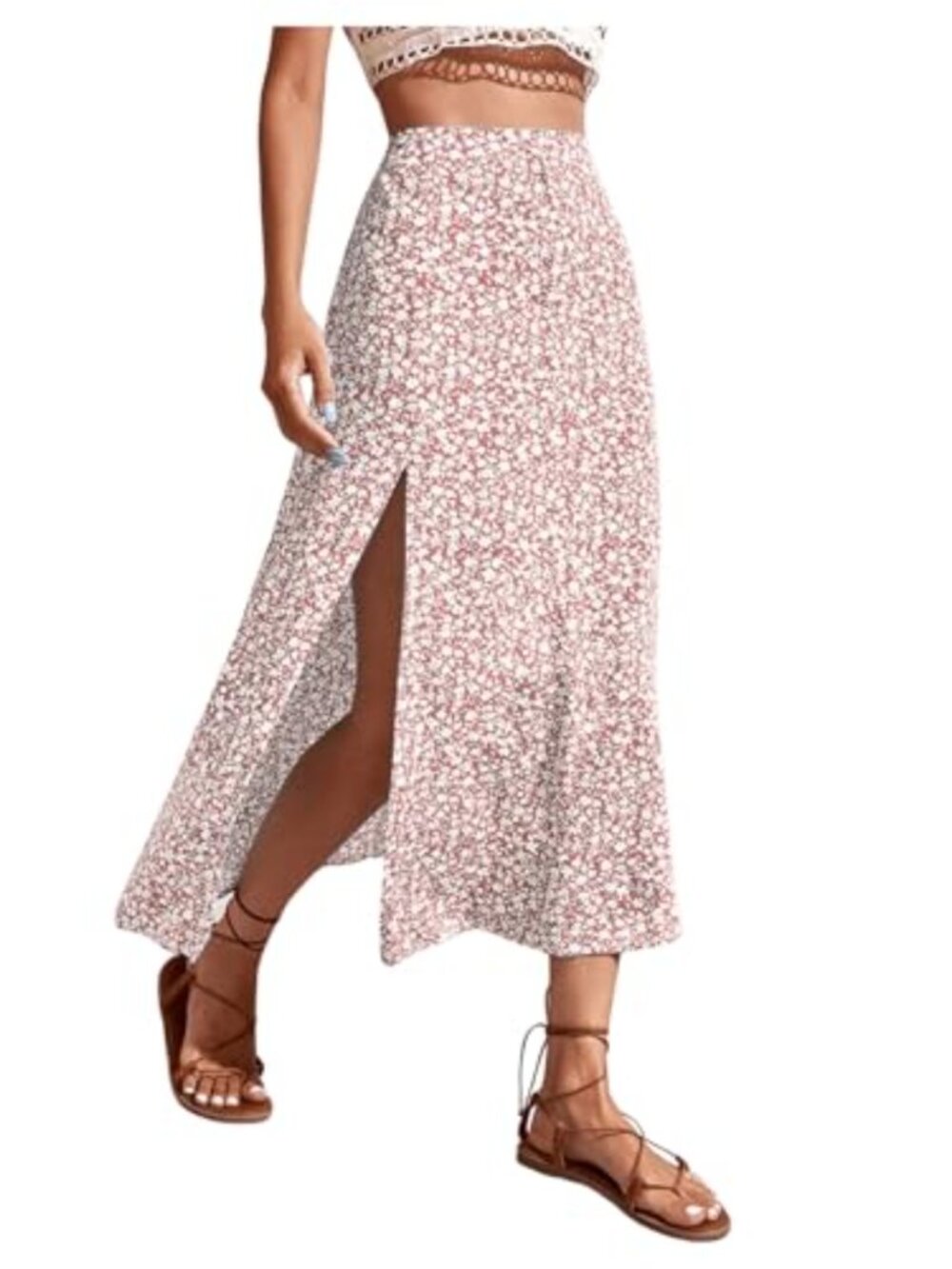 Floerns Women's High Waisted Midi A-Line Skirt Split Hem Rayon